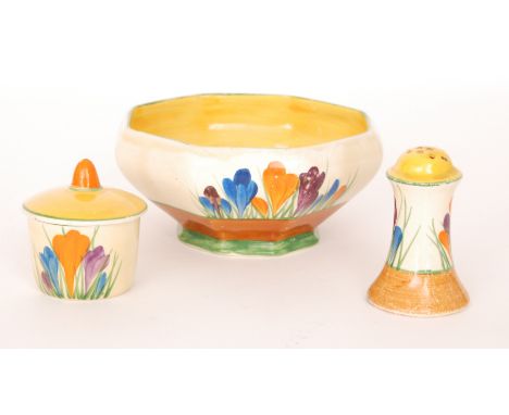 A Clarice Cliff Ivor bowl of footed octagonal form hand painted in the Crocus pattern with sprays of flowers between yellow, 
