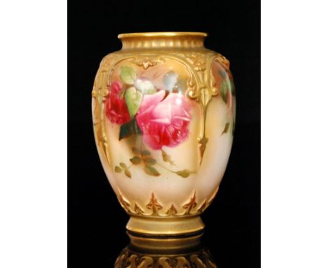 A Royal Worcester Hadleys shape 169 vase decorated with crimson roses within moulded border edges, green mark with date code 