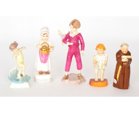 Four assorted Royal Worcester figurines comprising At the seaside, Polly put the kettle on, Parakeet and a young girl togethe