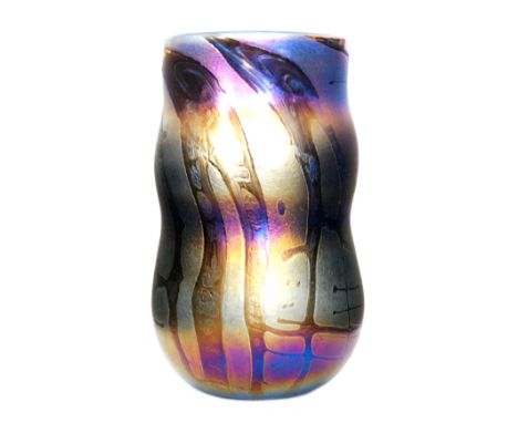 A large contemporary studio glass vase by K. Heaton for Neo Art Glass of swollen sleeve form decorated with whiplash lines ov