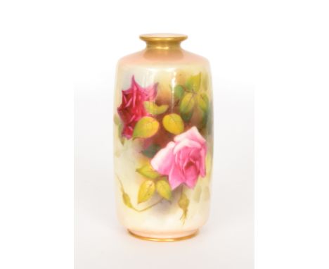An early 20th Century Royal Worcester barrel vase panel decorated with a pink and crimson rose, puce mark with date code for 