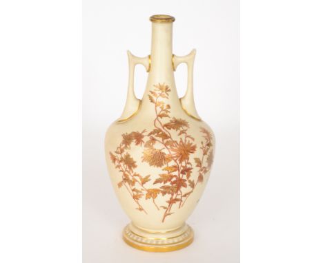 A late 19th Century Royal Worcester twin handled blush ivory vase decorated with gilt chrysanthemum, puce mark and numbered 8