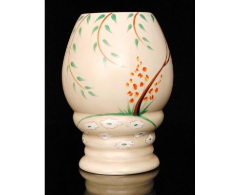 A Clarice Cliff Dry Day pattern shape 362 vase circa 1937, hand painted with a stylised tree and flower landscape to a mushro