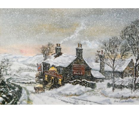 GEORGE CUNNINGHAM (1931-1996) - 'Opening Time, The Grouse Inn, Longshaw, Near Sheffield, gouache, signed, framed, 24cm x 34.5