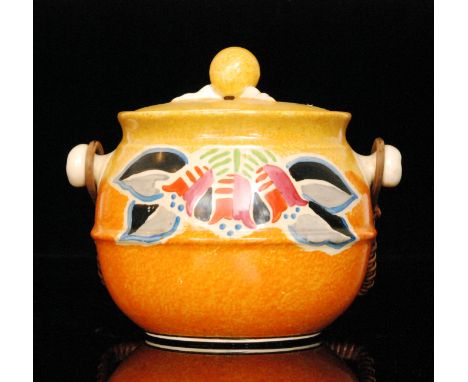 A Clarice Cliff Floral Nuage shape 335 biscuit barrel circa 1932, hand painted with sprays of stylised flowers and foliage ov