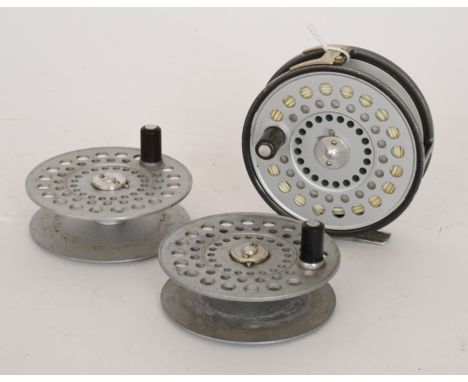 A Hardy St. Aiden alloy reel, 3 3/4in with two spare spools (3)