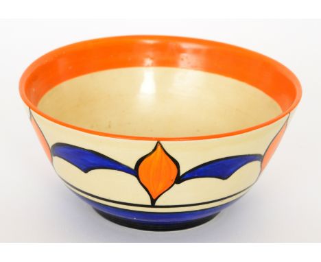 A small Clarice Cliff Whisper variant Havre fruit bowl circa 1929, hand painted with a repeat abstract band with orange, blac