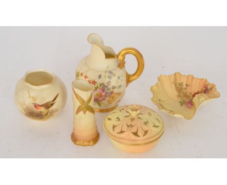 Five pieces of assorted Royal Worcester blush ware comprising a 1094 flatback jug with floral decoration, a spill vase formed