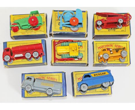 8 Lesney Matchbox comprising No 1 steam roller, No 3 concrete mixer, No 9 fire engine, No 11 Esso tanker, No 18 catapillar tr