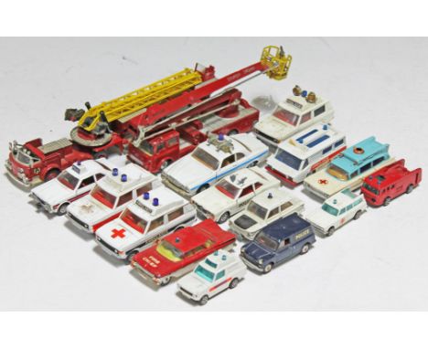 16 Corgi toys emergency vehicles comprising Simon Snorkel Fire Engine, American Lafrance, Aerial Rescue Tractor, Sunbeam IMP 