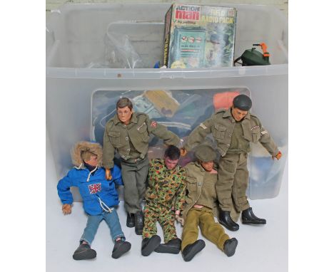 5 Palitoy Action Man figures with box of accessories, no odour.