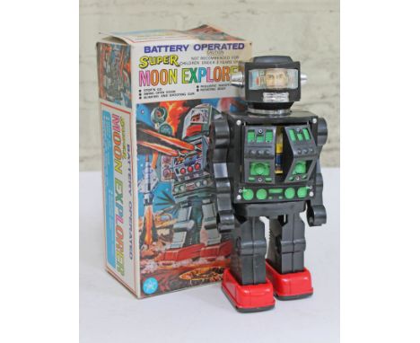 Hong Kong "Super Moon Explorer" plastic robot with box. CONDITION REPORT - bad battery corrosion, mino crack ot back, general