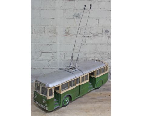 A scratch built wood and metal Leyland TB5 model Trolleybus, length 76cm. CONDITION REPORT - generally good, wear to decorati