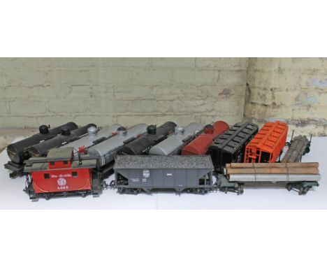 G scale model railway comprising nine wagons, Rio Grande guards van, 3 tankers and box of accessories.