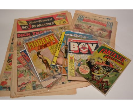 Modern Comics No. 97 (CDL); Target Comics vol. 9 No. 11 (Curtis); Justice Traps The Guilty No. 17; Fantastic Adventures No. 1