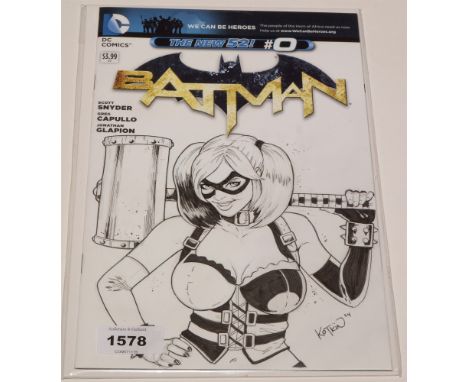 Batman The New 52! #0, with original sketch of Harley Quinn by Kotkin, signed and dated 2014.
