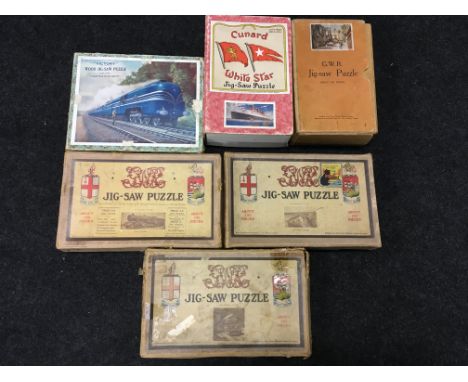 Four Chad Valley (England) GWR wooden jigsaw puzzles: King George V; Swansea Docks; 'Britain's Mightiest'; Historic Totnes. T