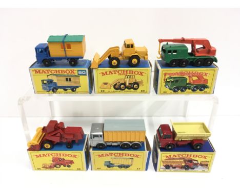 Six Lesney Matchbox 1-75 regular wheels models: 70 Grit Spreading Truck; 65 Claas Combine Harvester; 47 DAF Tipper Container 