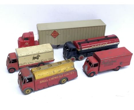 Five Dinky Toys commercial models: Shell Tanker; Spratts Guy Van; Foden Regent Tanker; Slumberland Guy Van; McLean Tractor-Tr