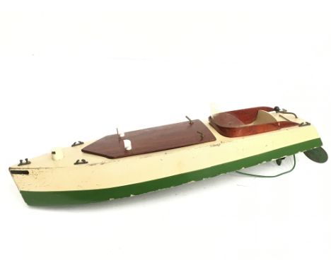Triang Speed Boat 'Triang III', c.1930s: wooden boat with green and cream hull, metal rudder and propeller, removable varnish