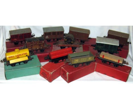 HORNBY O Gauge 11x No 1 and No 50 Wagons - Shell  Yellow Tanker, NE Flat with Cable Drum, LMS Flat with Furniture Container, 