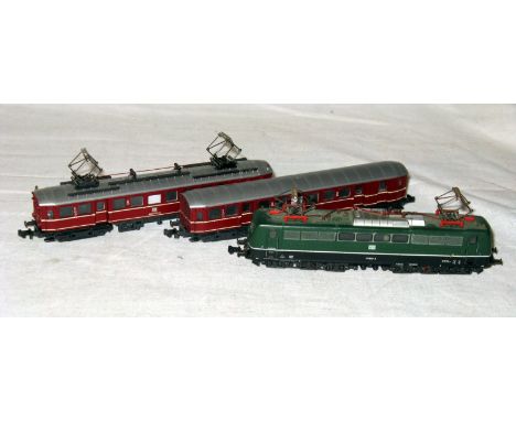 ROCO and FLEISCHMANN N Gauge - Roco 330212 DB Maroon O/H Electric 2 Coach Railcar and Fleischmann 7380 DB Green BR151 O/H Ele