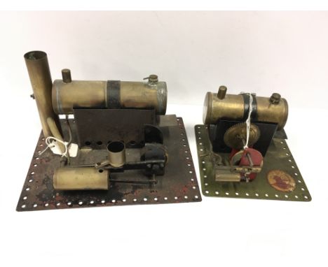 A small BOWMAN horizontal single cylinder Steam Engine on a Green Base - and a larger Steam Engine driving a single Cylinder 