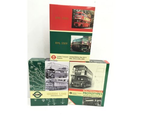 Three EFE Exclusive First Editions London Transport Museum bus sets: Routemaster Prototypes Set 12; Set 6 RML 2296 & RML 2309