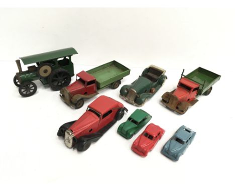 Selection of Triang Minic vehicles: 2 x car including Learners Car with Shell can (two replaced tyres); 2 x delivery truck; s