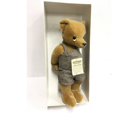 Merrythought Master Mischief, fully jointed mohair bear in tweed dungarees, catapult behind back. Height 42cm. E/M with tags 