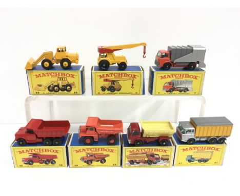 Seven Lesney Matchbox 1-75 series regular wheels commercial models: 28 Mack Dump Truck; 47 DAF Tipper Container Truck; 70 Gri