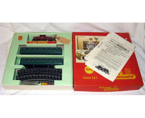 TRIANG Primary Series RPC Train Set comprising a Maroon 0-4-0 Steeple Cab Locomotive with dummy Pantograph, 2 x SR Green shor