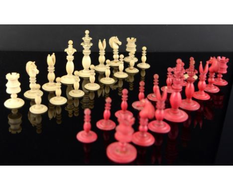 19th century red stained and white ivory chess set, king 8cm pawn 4cm,PLEASE NOTE: THIS ITEM CONTAINS OR IS MADE OF IVORY. Bu