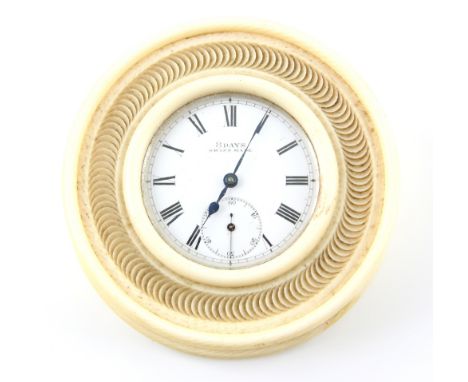 19th century Ivory cased desk clock,  diameter 8cm Being sold on behalf of Woking and Sam Beare Hospice charityPLEASE NOTE: T