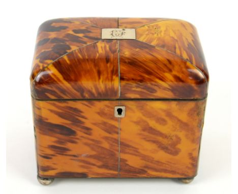 19th century tortoiseshell tea caddy the hinged revealing  two compartments on bun feet 16cm x 15cm.    