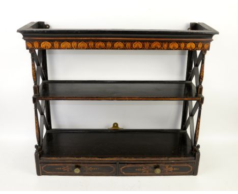 Early 19th century ebonized and gilt painted wall shelf with two drawers, (altered) 59cm x 76cm x 21cm.    