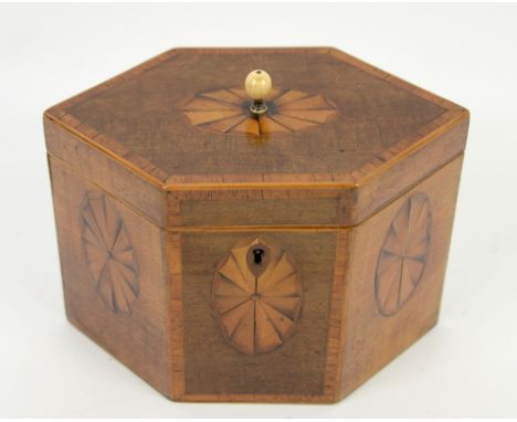 19th century mahogany and satinwood cross banded tea caddy, 17cm wide.    