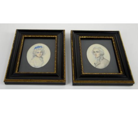 Pair of early 20th century portrait miniatures of a man and a woman on Ivory, each 8cm x 6cm PLEASE NOTE: THIS ITEM CONTAINS 