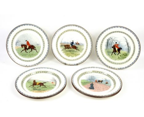 Set of seven Minton plates depicting humorous hunting scenes, transfer printed  with titles, Left Behind, If Women Will Hunt,