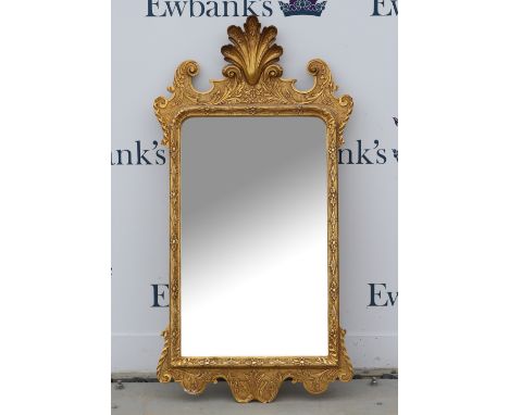 19th century style gilt carved wood and gesso wall mirror with shell finial, 103cm x 75cm .    