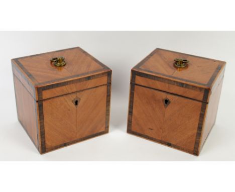 Pair of 19th century satinwood and rosewood crossbanded tea caddies with ring handles each 11cm wide.    