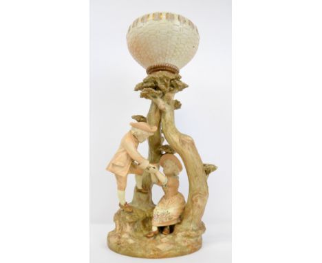 James Hadley for Royal Worcester porcelain figural lamp base, circa 1890, modelled as a young girl and boy standing beneath a