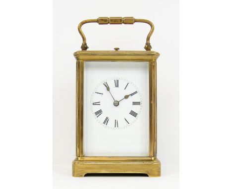 Brass and glass repeating carriage clock, enamel dial, striking movement, 20cm.    