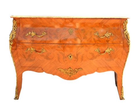 18th century style French marble topped two drawer bombe commode on cabriole legs with gilt metal mounts 87cm x 130xm  .    