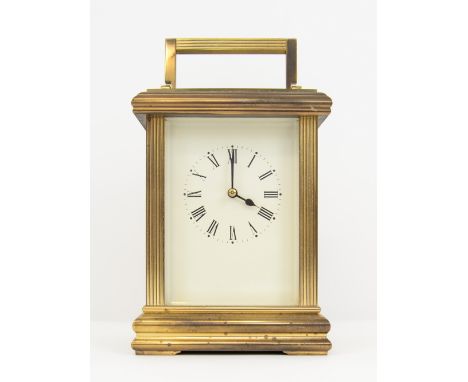 Brass and glass carriage clock, with eight day striking lever movement, 19cm.    