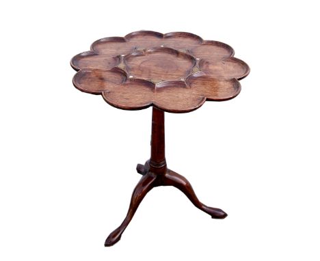 George III mahogany brass and mother of pearl inlaid supper table, raised on column support and tripod base, 62cm diameter Wi