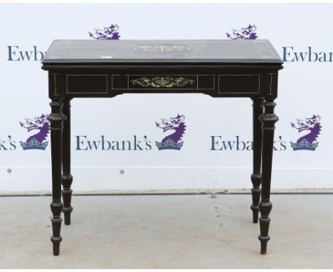 19th century ebonized and ivory inlaid card table on turned tapering legs  75cm High, 87cm Wide, 44cm Deep PLEASE NOTE: THIS 