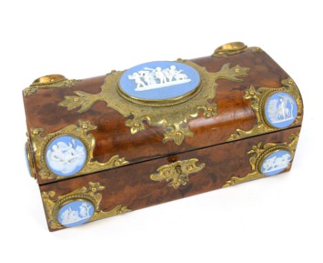 19th century walnut sewing box with scrolling brass mounts and eleven jasperware panels with classical figures, fitted interi