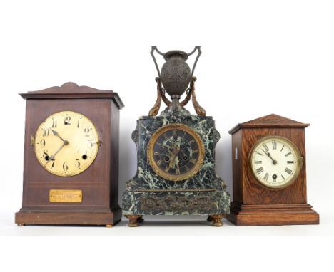 19th century  marble mantel clock with urn finial and two train movement, 40cm and two oak cased mantel clocks .    