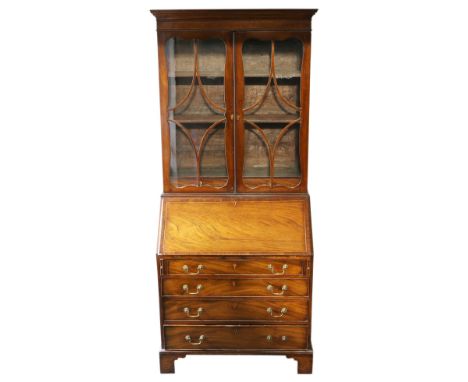 19th century mahogany bureau bookcase, with glazed doors to reveal two drawers and adjustable shelves, above fall front fitte